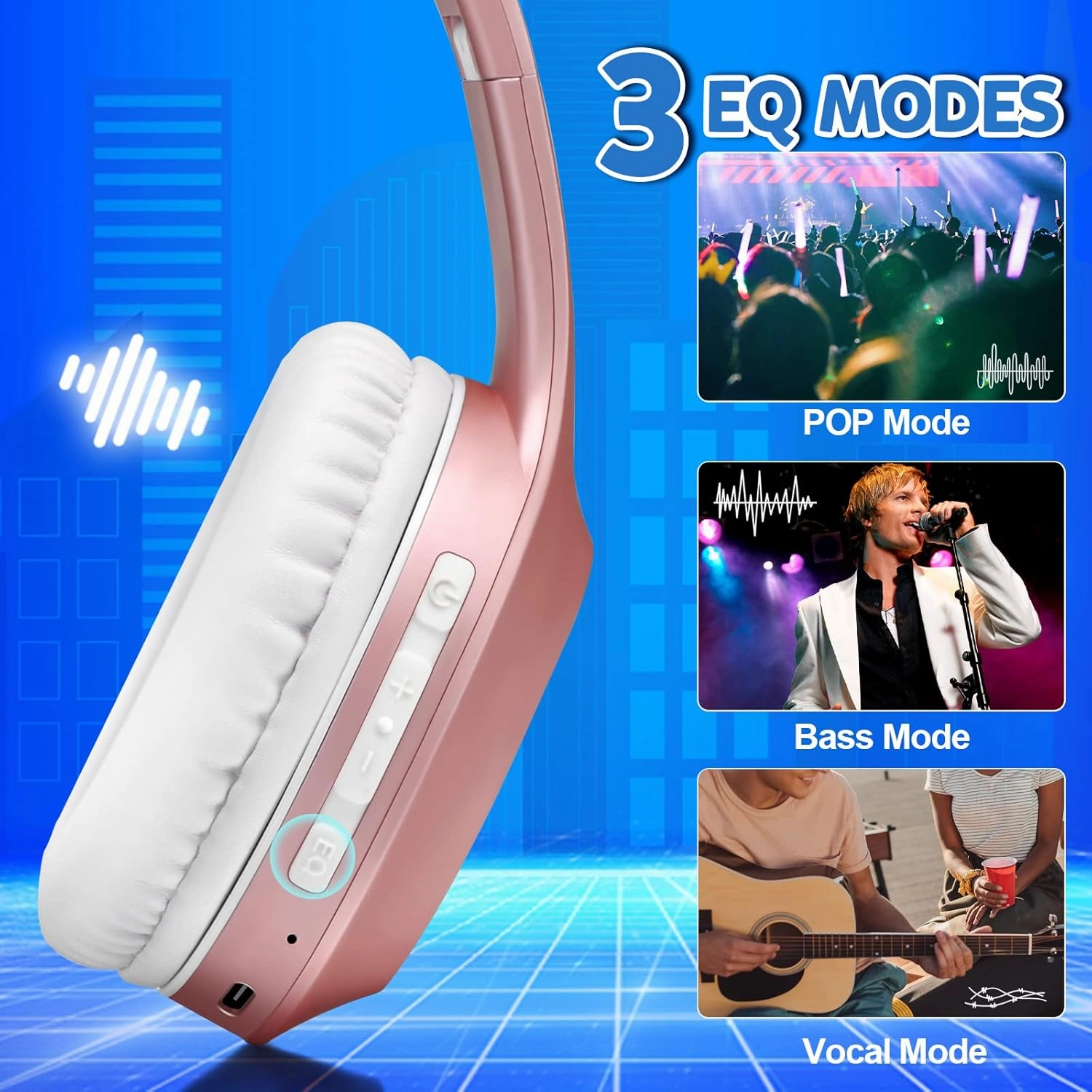 Bluetooth Headphones Over Ear, 68H Playtime and 3 EQ Music Modes Wireless Headphones with Microphone/Deep Bass, HiFi Stereo Foldable Lightweight Headset for PC Home Travel Office (Rose Gold)