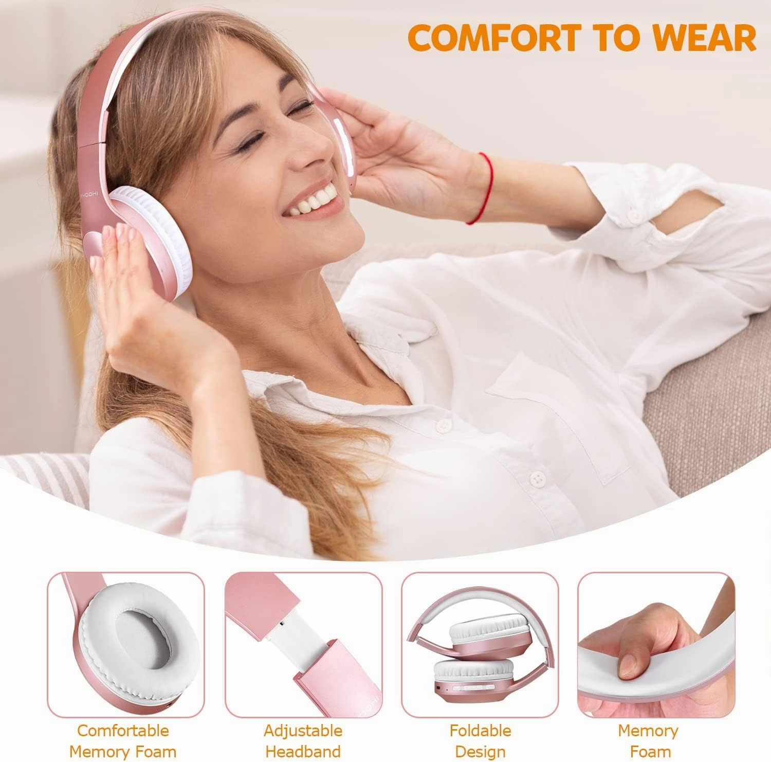 Bluetooth Headphones Over Ear, 68H Playtime and 3 EQ Music Modes Wireless Headphones with Microphone/Deep Bass, HiFi Stereo Foldable Lightweight Headset for PC Home Travel Office (Rose Gold)