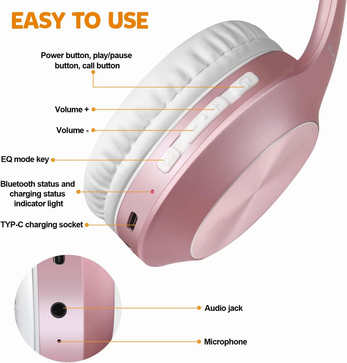 Bluetooth Headphones Over Ear, 68H Playtime and 3 EQ Music Modes Wireless Headphones with Microphone/Deep Bass, HiFi Stereo Foldable Lightweight Headset for PC Home Travel Office (Rose Gold)