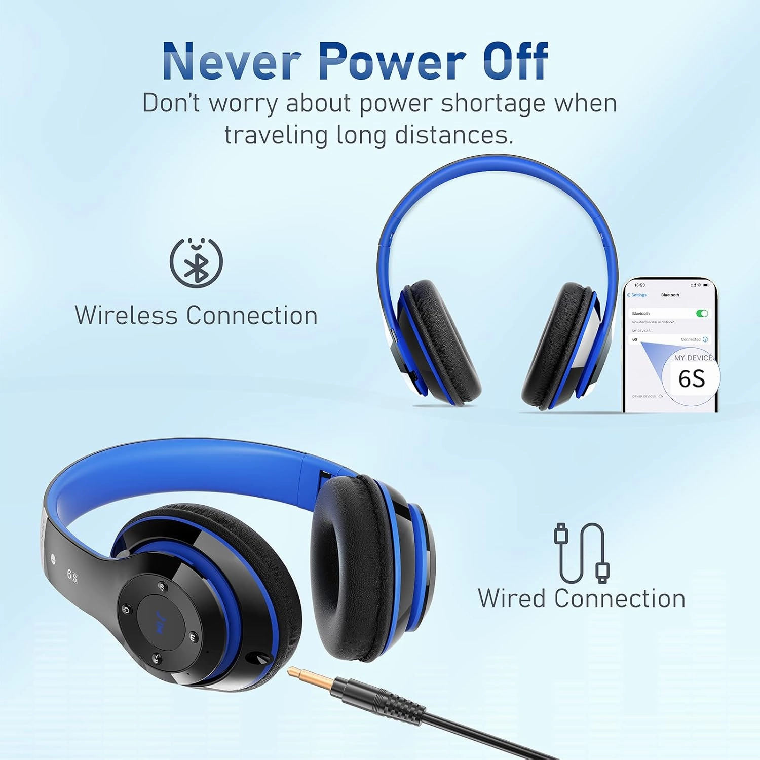 Bluetooth Headphones Over Ear, 6S Foldable Wireless Headphones with 6 EQ Modes, 40 Hours Playtime HiFi Stereo Headset with Mic, Soft Ear Pads, TF/FM for Cellphone/PC/Home (Black & Blue)