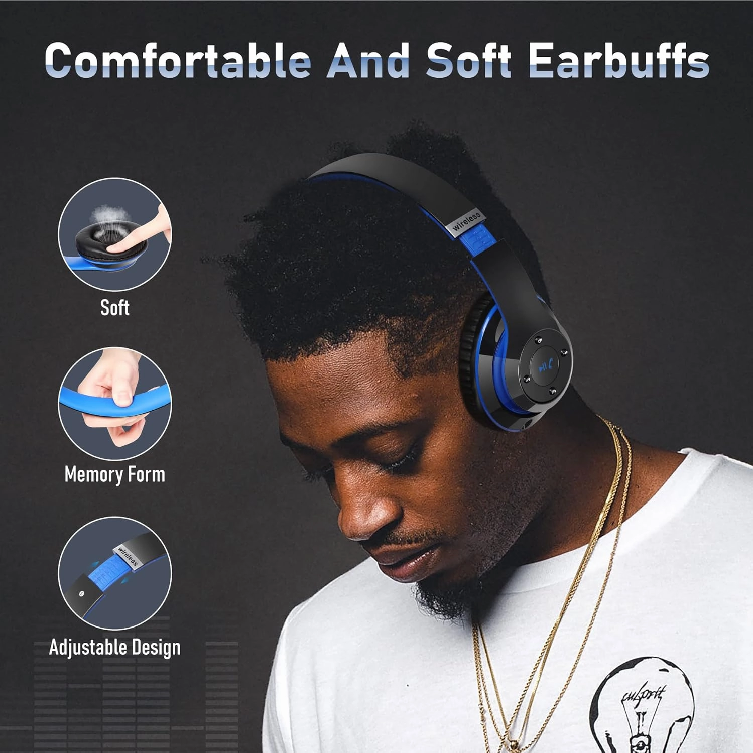 Bluetooth Headphones Over Ear, 6S Foldable Wireless Headphones with 6 EQ Modes, 40 Hours Playtime HiFi Stereo Headset with Mic, Soft Ear Pads, TF/FM for Cellphone/PC/Home (Black & Blue)