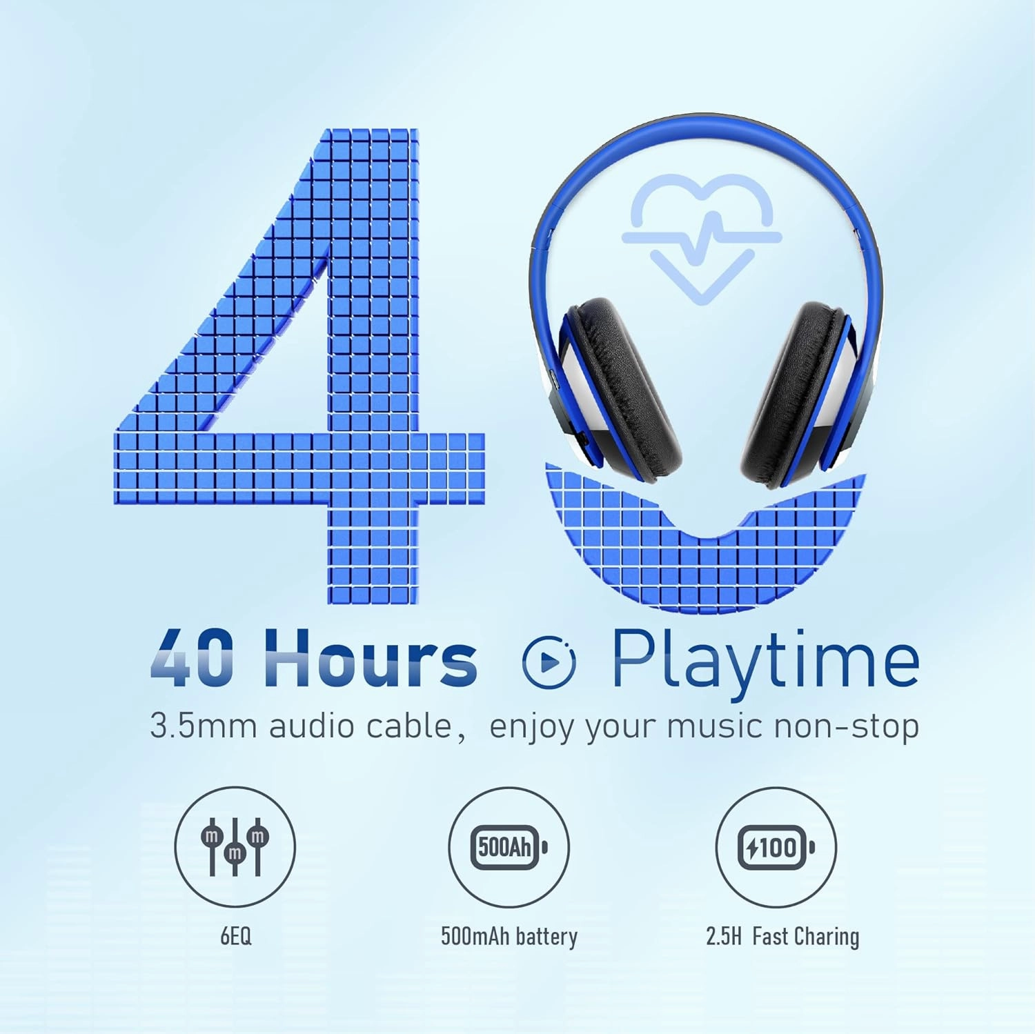 Bluetooth Headphones Over Ear, 6S Foldable Wireless Headphones with 6 EQ Modes, 40 Hours Playtime HiFi Stereo Headset with Mic, Soft Ear Pads, TF/FM for Cellphone/PC/Home (Black & Blue)