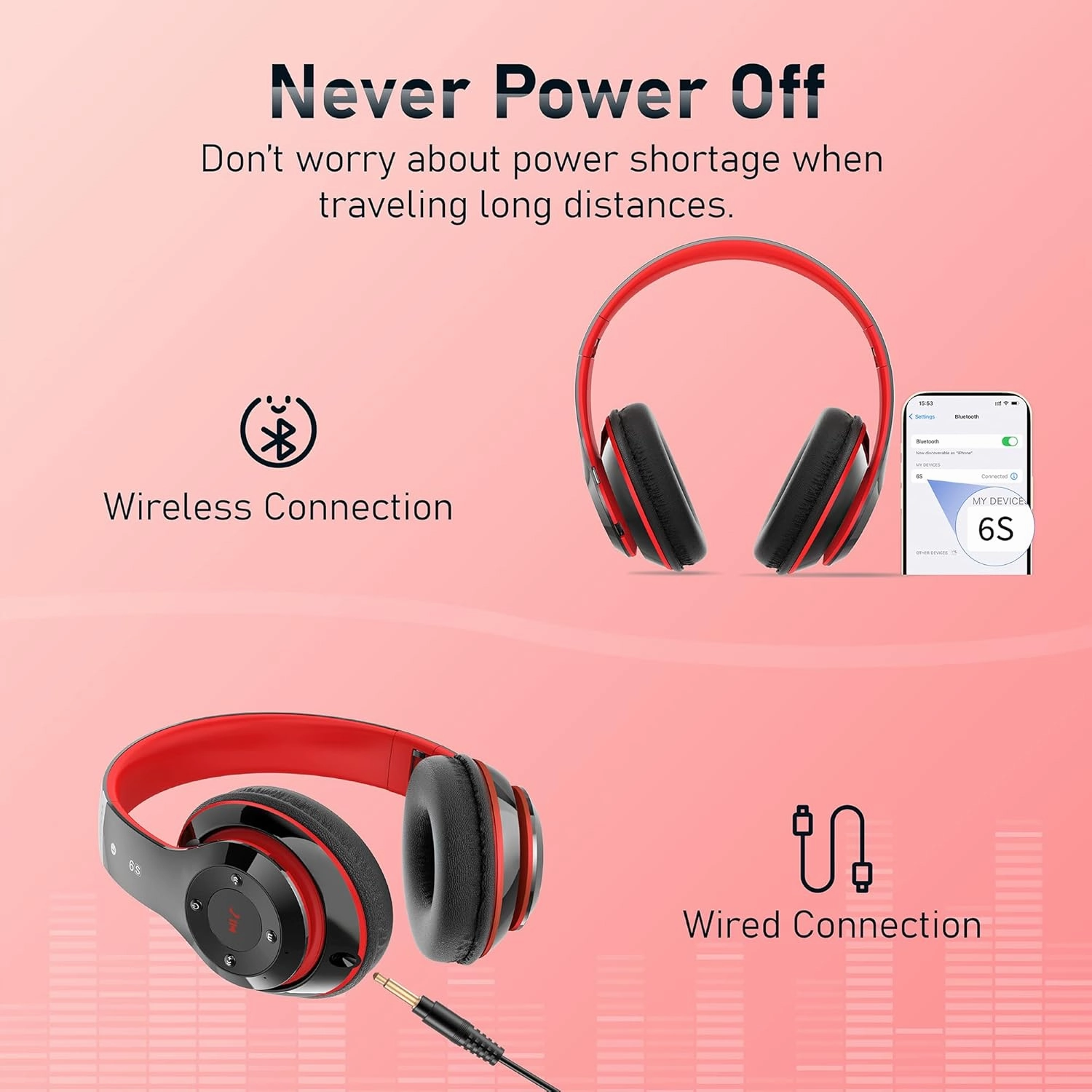 Bluetooth Headphones Over Ear, 6S Foldable Wireless Headphones with 6 EQ Modes, 40 Hours Playtime HiFi Stereo Headset with Mic, Soft Ear Pads, TF/FM for Cellphone/PC/Home (Black & Red)
