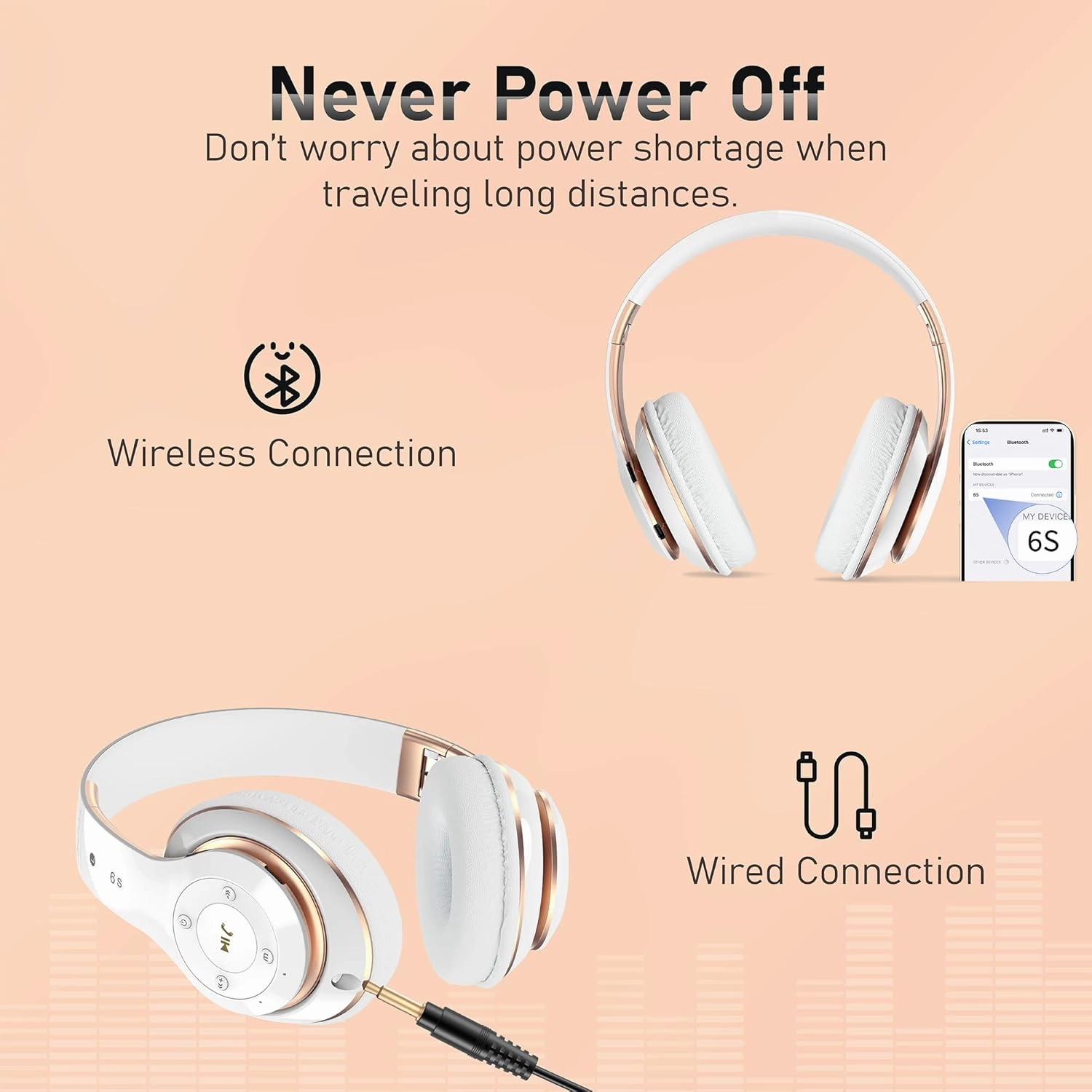 Bluetooth Headphones Over Ear, 6S Foldable Wireless Headphones with 6 EQ Modes, 40 Hours Playtime HiFi Stereo Headset with Mic, Soft Ear Pads, TF/FM for Cellphone/PC/Home (White & Gold)