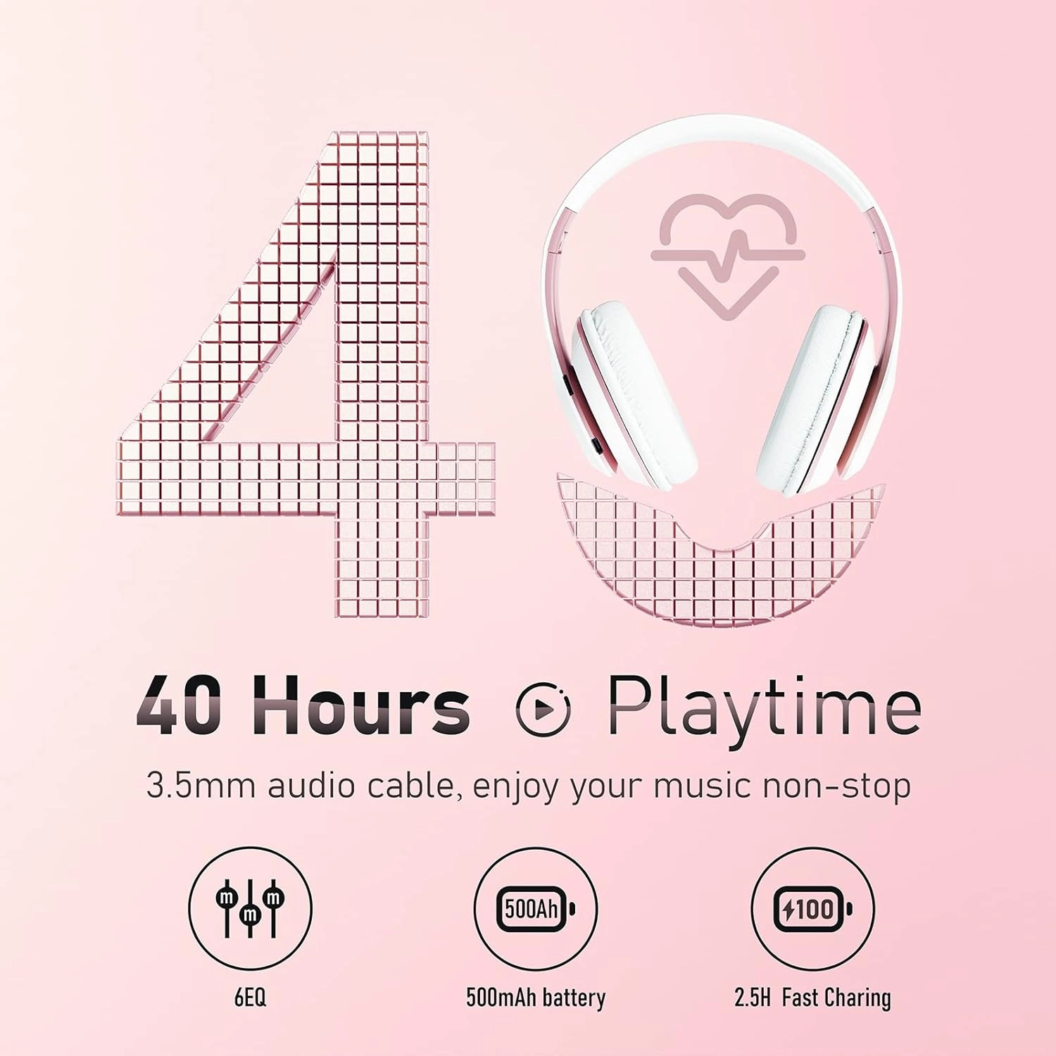 Bluetooth Headphones Over Ear, 6S Foldable Wireless Headphones with 6 EQ Modes, 40 Hours Playtime HiFi Stereo Headset with Mic, Soft Ear Pads, TF/FM for Cellphone/PC/Home (White & Rose Gold)