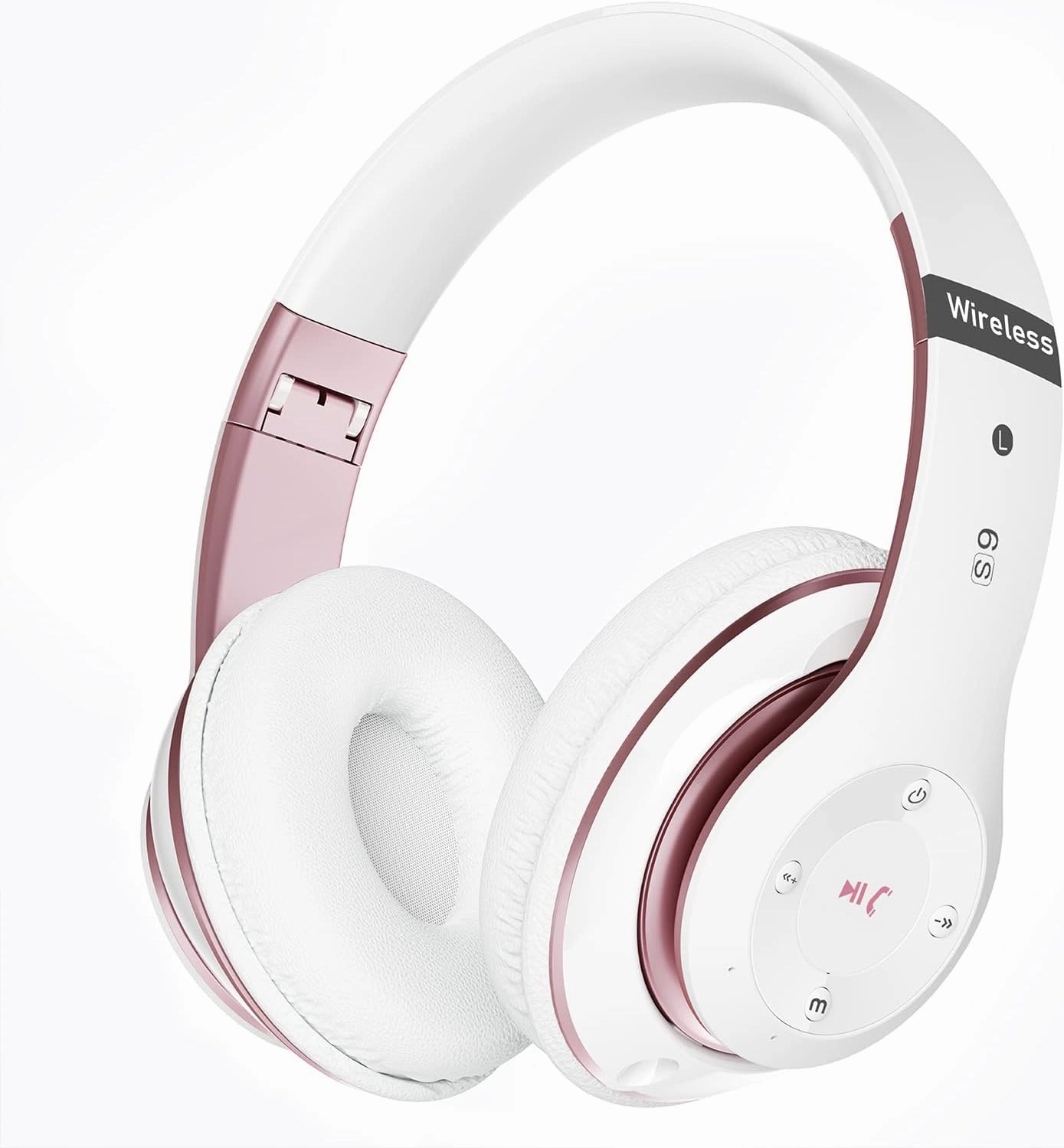 Bluetooth Headphones Over Ear, 6S Foldable Wireless Headphones with 6 EQ Modes, 40 Hours Playtime HiFi Stereo Headset with Mic, Soft Ear Pads, TF/FM for Cellphone/PC/Home (White & Rose Gold) over-ear headphones,closed back headphones,wireless studio ca