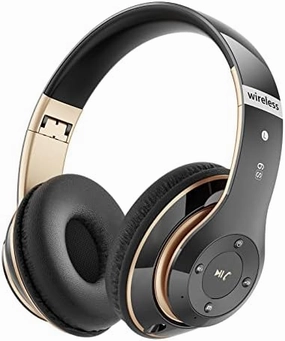Bluetooth Headphones Over Ear, 6S Wireless Headphones Wired with 6 EQ Modes, 40 Hours Playtime Foldable HiFi Stereo Headset with Microphone, FM/TF for Cellphone/PC/Work (Black & Gold) over-ear headphones,closed back headphones,wireless studio cans,