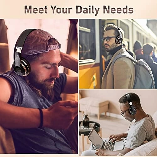 Bluetooth Headphones Over Ear, 6S Wireless Headphones Wired with 6 EQ Modes, 40 Hours Playtime Foldable HiFi Stereo Headset with Microphone, FM/TF for Cellphone/PC/Work (Black & Gold)