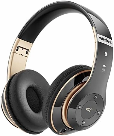 Bluetooth Headphones Over Ear, 6S Wireless Headphones Wired with 6 EQ Modes, 40 Hours Playtime Foldable HiFi Stereo Headset with Microphone, FM/TF for Cellphone/PC/Work (Black & Gold) over-ear headphones,closed back headphones,wireless studio cans,