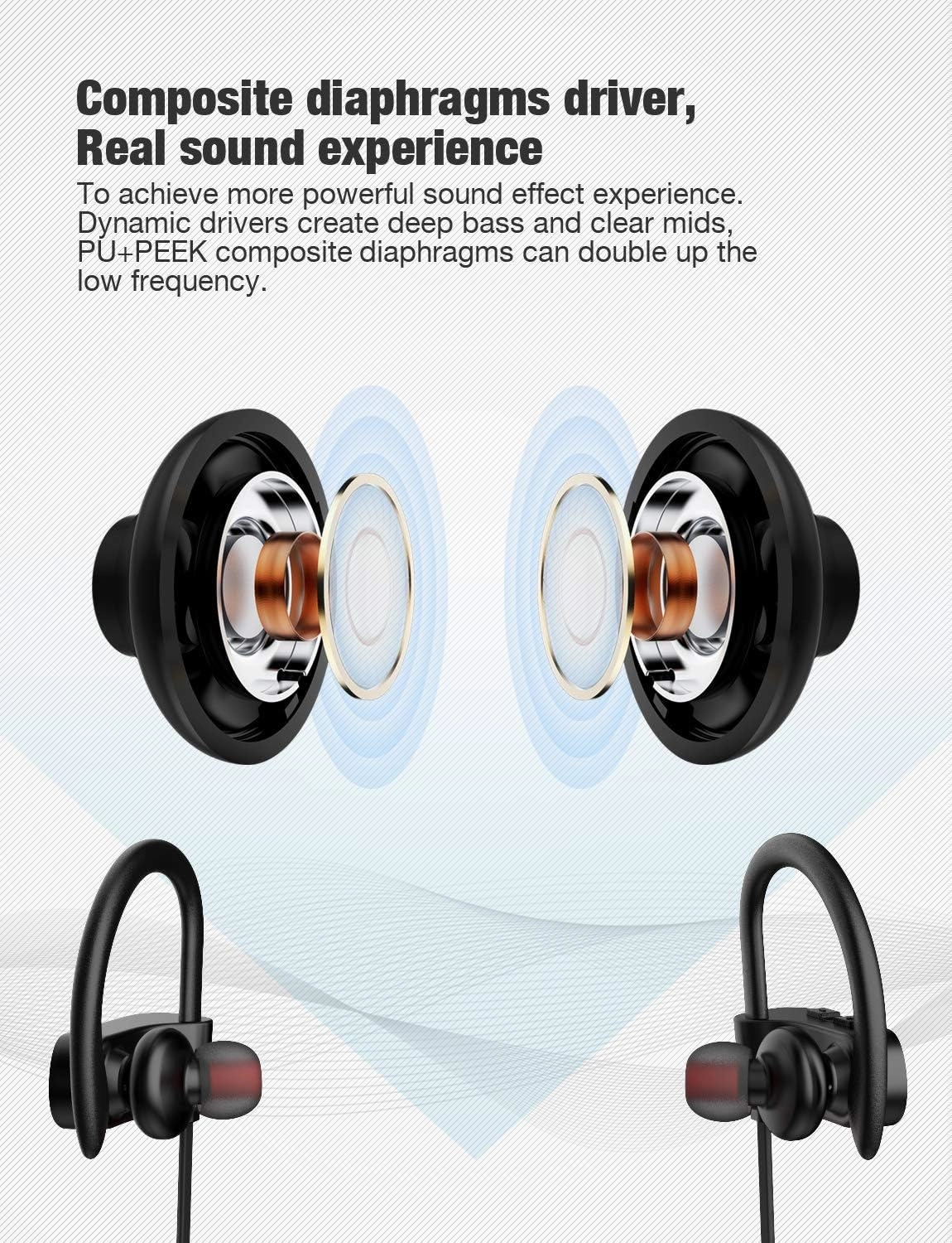 Bluetooth Headphones,Wireless Earbuds IPX7 Waterproof Sports Earphones with Mic HD Stereo Sweatproof in-Ear Earbuds Gym Running Workout 8 Hour Battery Noise Cancelling Headsets