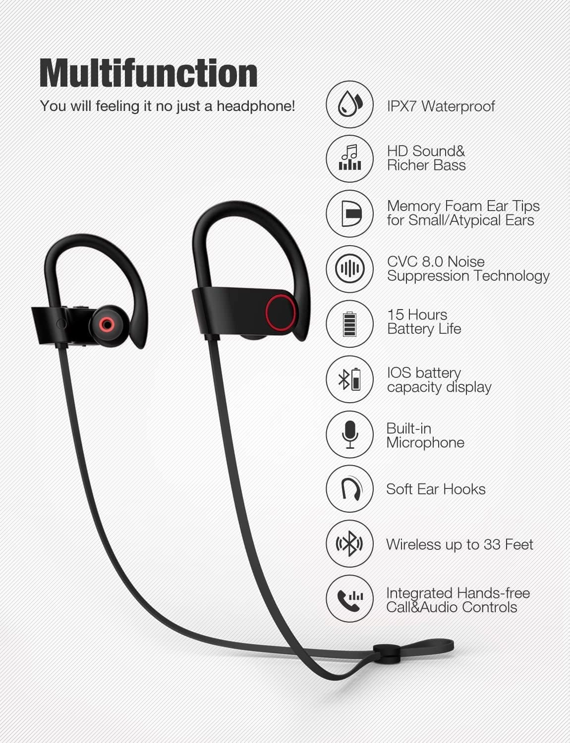 Bluetooth Headphones,Wireless Earbuds IPX7 Waterproof Sports Earphones with Mic HD Stereo Sweatproof in-Ear Earbuds Gym Running Workout 8 Hour Battery Noise Cancelling Headsets