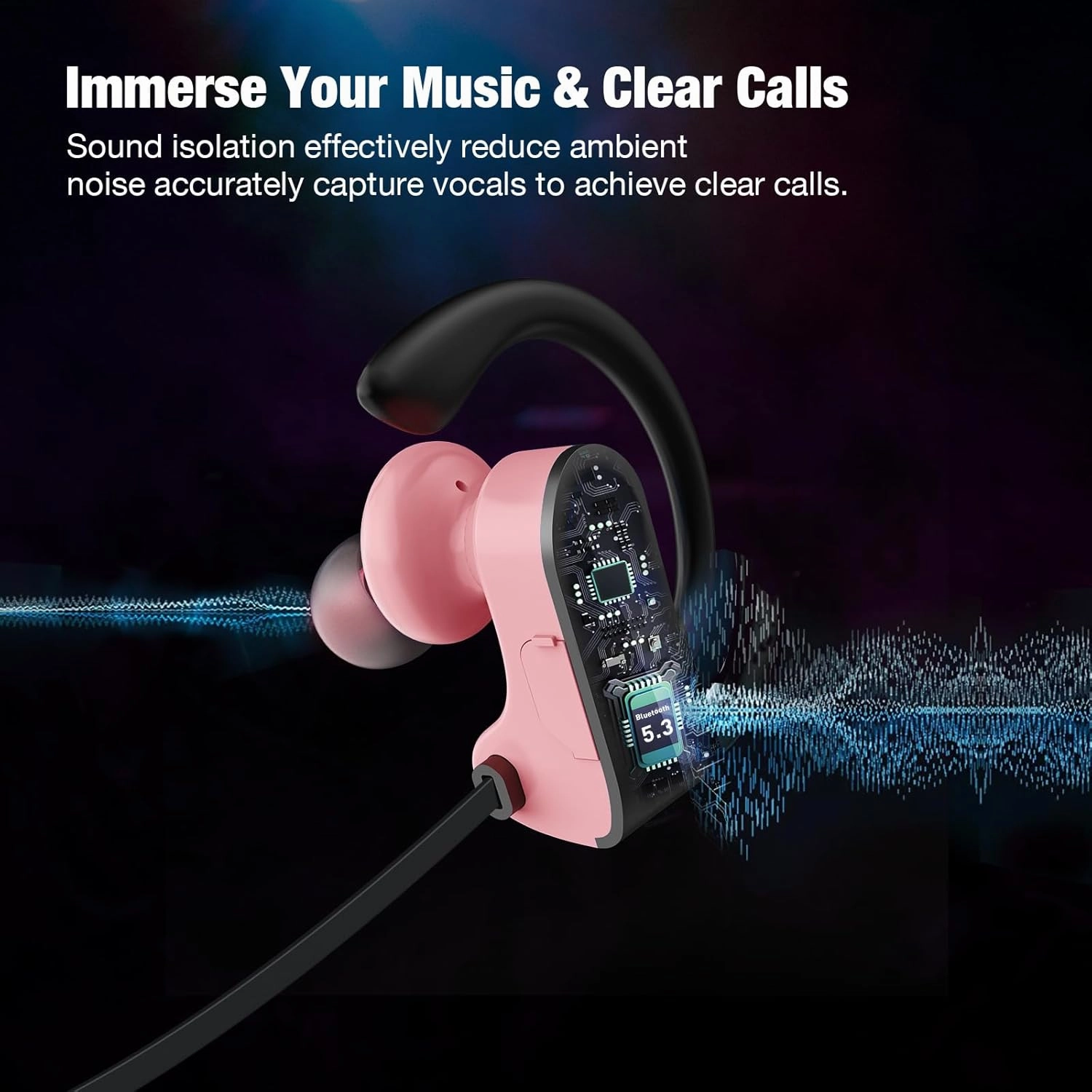 Bluetooth Headphones, Wireless Headphones 16H Playtime Wireless Earbuds with Mic Stereo in-Ear Earphones, IPX7 Waterproof Sports Ear Buds Sound Isolation Headsets for Running, Workout Pink