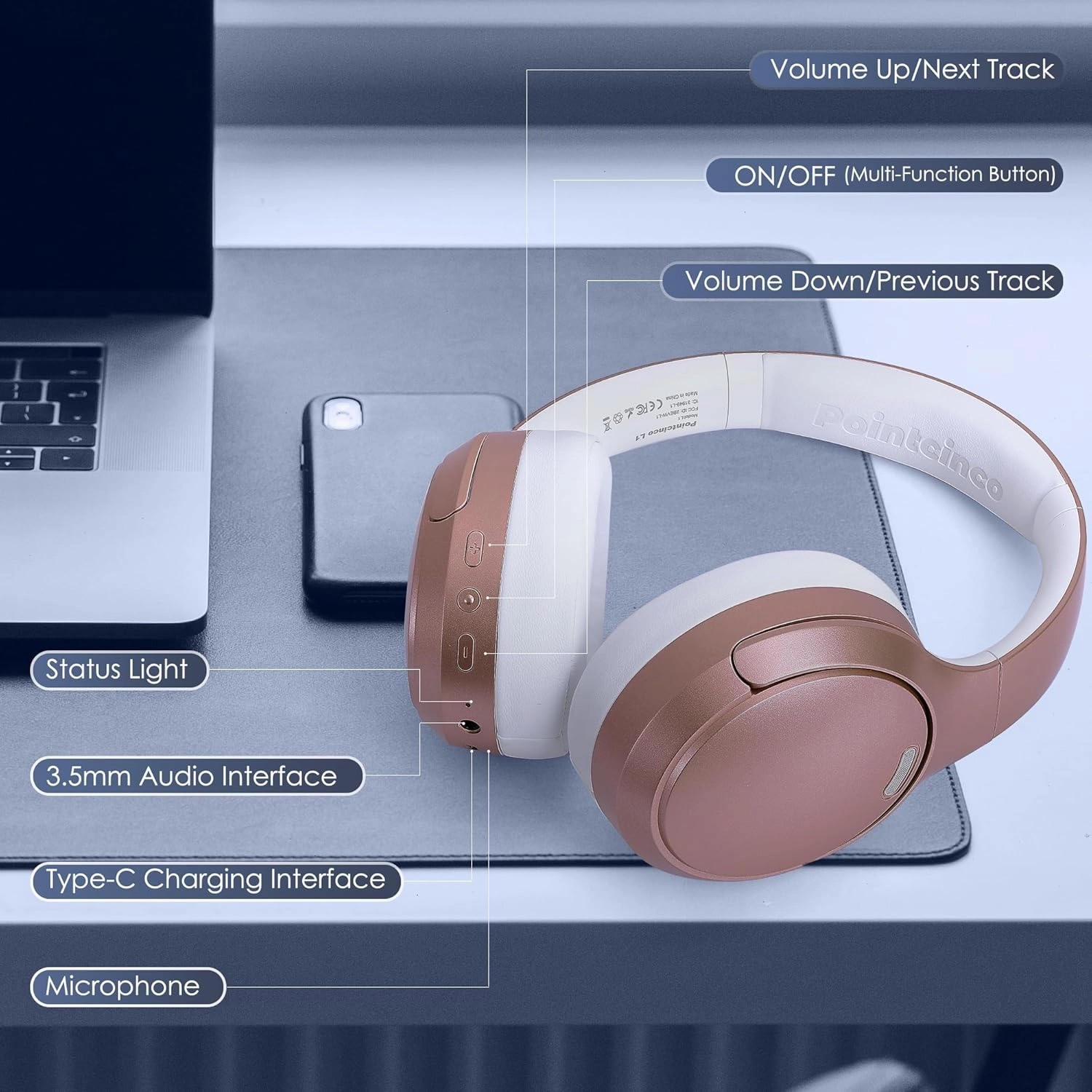 Bluetooth Headphones, Wireless Over Ear With HiFi Stereo Microphone, Foldable Lightweight 5.4 With Deep Bass for Cellphone/Travel/Office/Home (Rosen Gold)