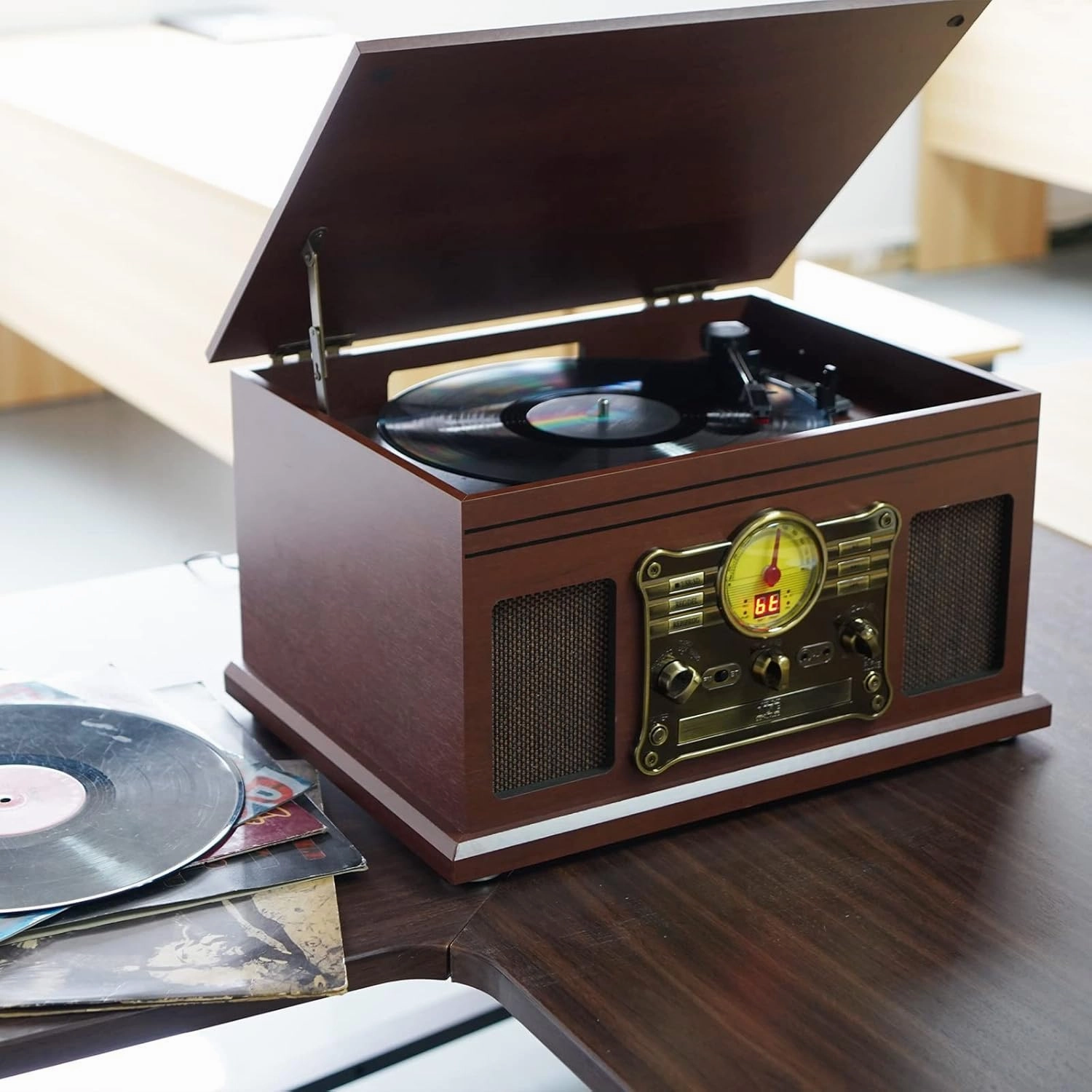 Bluetooth Record Player 10 in 1, 3-Speed Turntable for Vinyl with Speakers, LP to MP3 Converter, CD, Cassette Player, FM Radio, Wireless Streaming | Mahogany