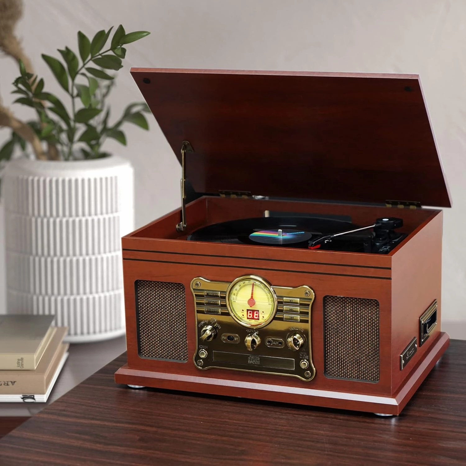 Bluetooth Record Player 10 in 1, 3-Speed Turntable for Vinyl with Speakers, LP to MP3 Converter, CD, Cassette Player, FM Radio, Wireless Streaming | Mahogany