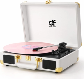 Bluetooth Record Player Vintage 3-Speed Portable Suitcase Turntable with Built-in 2 Speakers, USB Recording Vinyl to Digital, RCA/AUX/Headphone Jack White & Gold belt-drive turntable,vinyl record player,audiophile turntable,