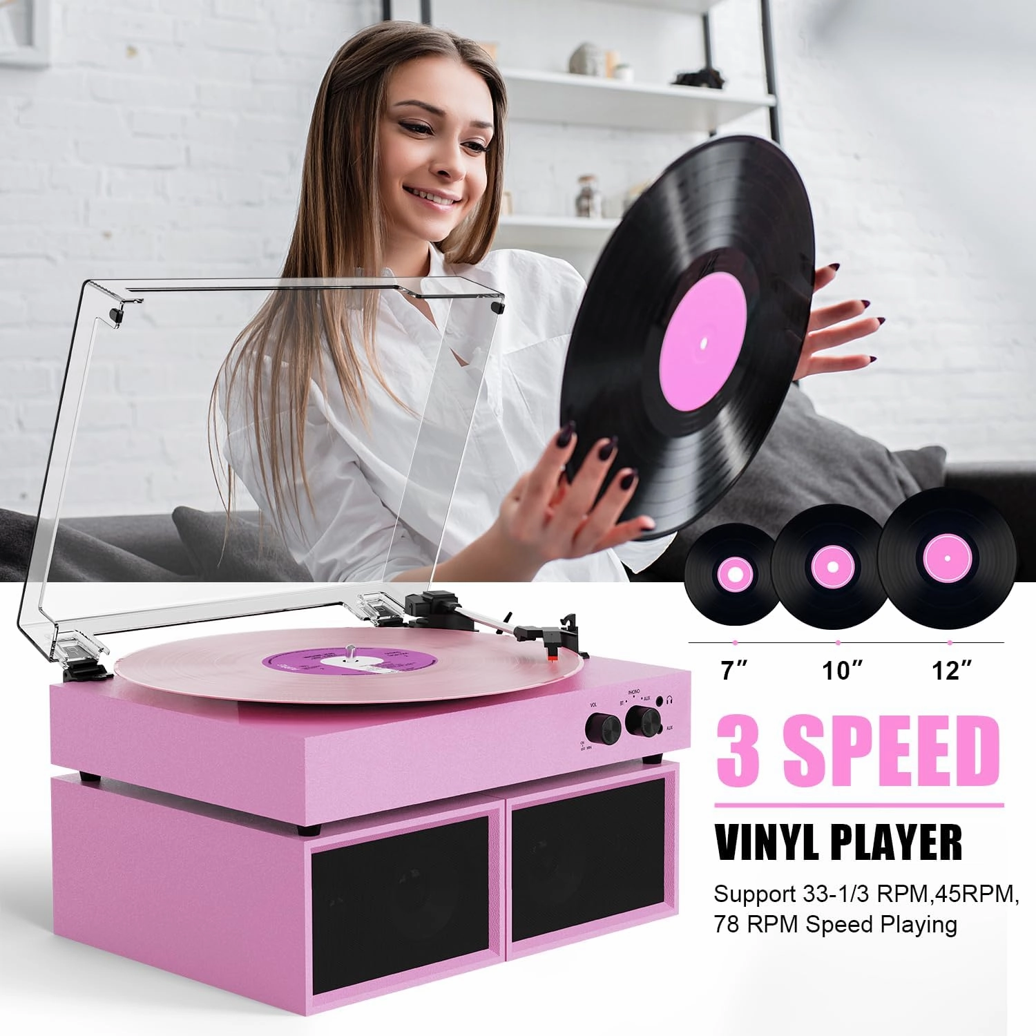 Bluetooth Record Player with Dual External Speakers, 3 Speed Belt-Driven Turntable for Vinyl Records with Detacheable Speakers, PC Recording Vinyl to MP3, RCA Line-Out, Pink-Purple