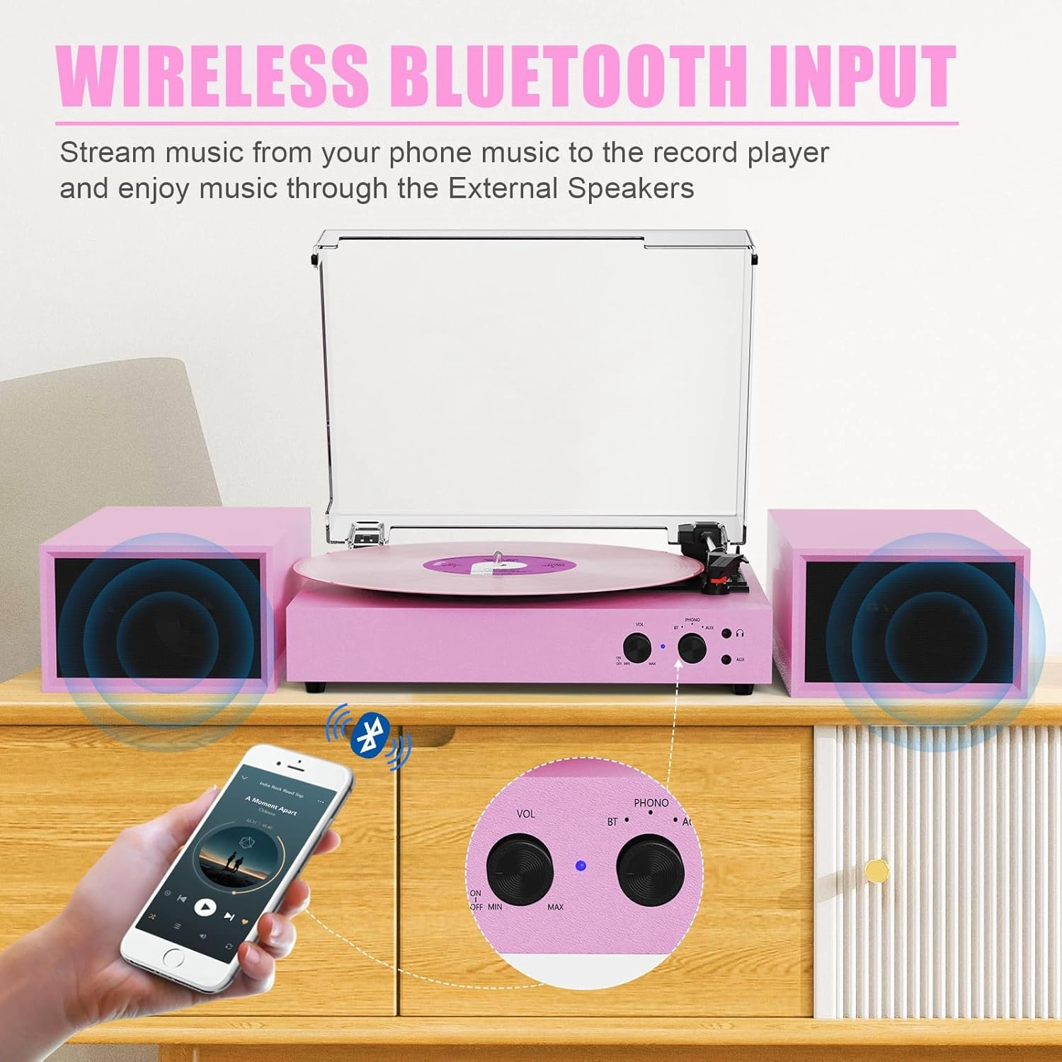 Bluetooth Record Player with Dual External Speakers, 3 Speed Belt-Driven Turntable for Vinyl Records with Detacheable Speakers, PC Recording Vinyl to MP3, RCA Line-Out, Pink-Purple
