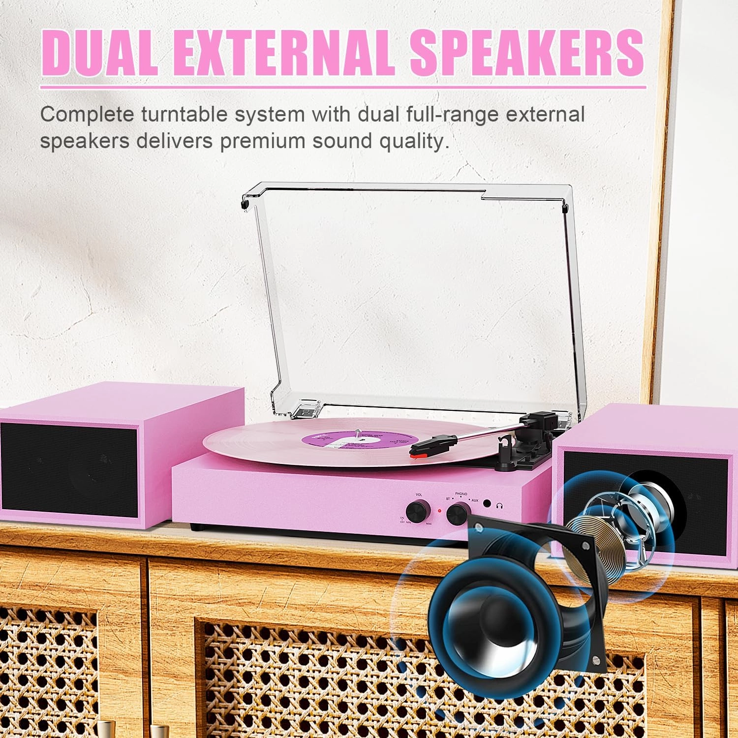 Bluetooth Record Player with Dual External Speakers, 3 Speed Belt-Driven Turntable for Vinyl Records with Detacheable Speakers, PC Recording Vinyl to MP3, RCA Line-Out, Pink-Purple