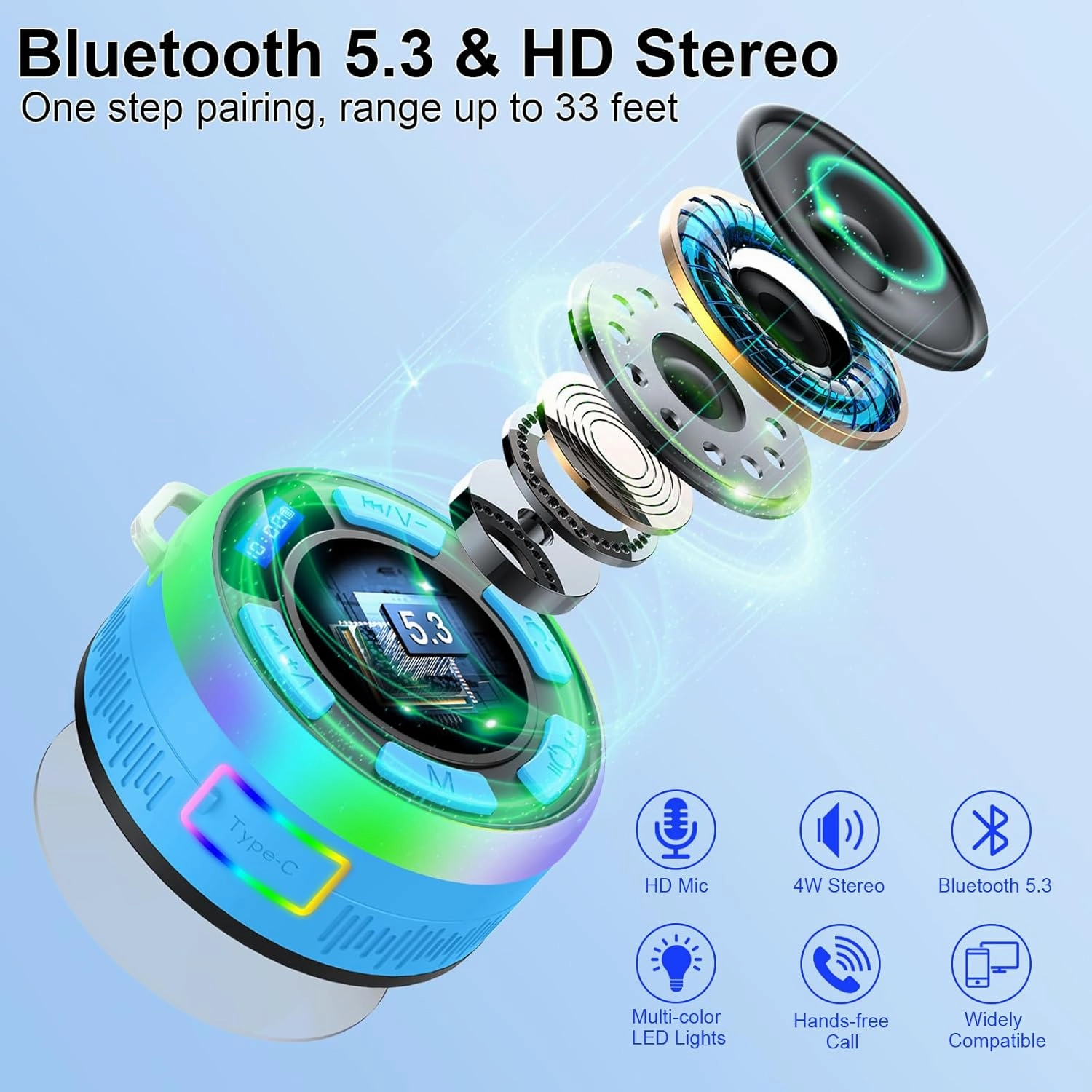 Bluetooth Shower Speaker, Portable Wireless Speakers IP7 Waterproof with Suction Cup and Time Display, BT5.3 Dynamic LED Lights and Dual Stereo Pairing, Bathroom Speaker for Home/Party/Outdoor Blue