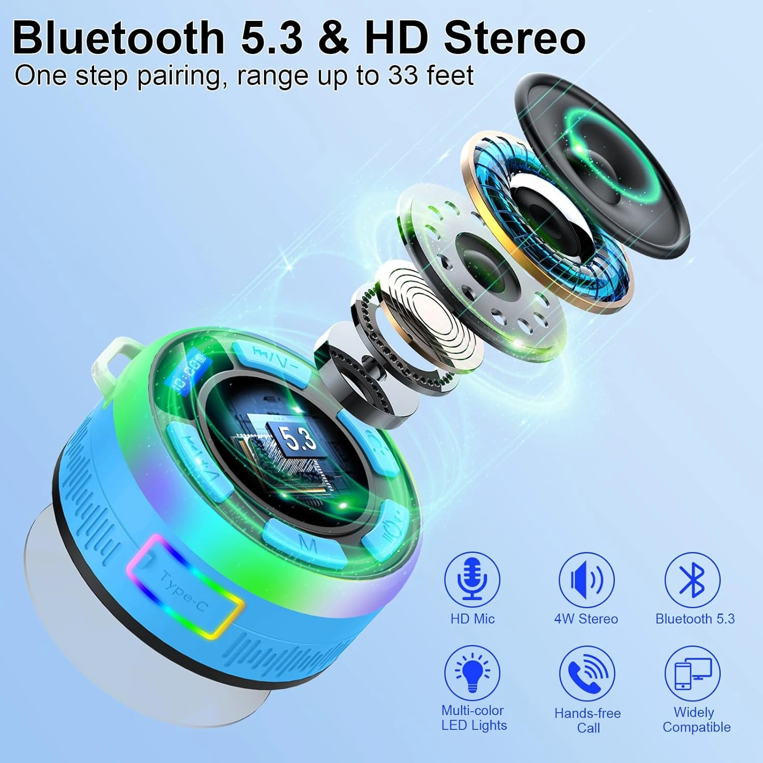 Bluetooth Shower Speaker, Portable Wireless Speakers IP7 Waterproof with Suction Cup and Time Display, BT5.3 Dynamic LED Lights and Dual Stereo Pairing, Bathroom Speaker for Home/Party/Outdoor Blue