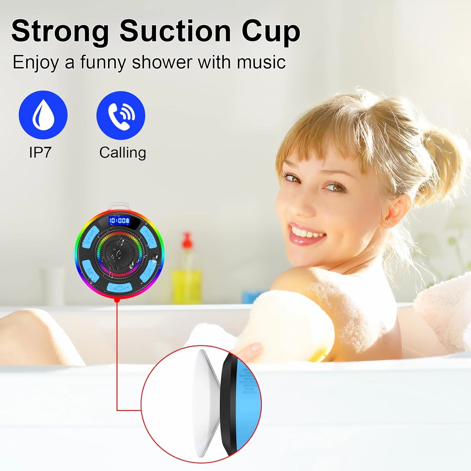 Bluetooth Shower Speaker, Portable Wireless Speakers IP7 Waterproof with Suction Cup and Time Display, BT5.3 Dynamic LED Lights and Dual Stereo Pairing, Bathroom Speaker for Home/Party/Outdoor Blue