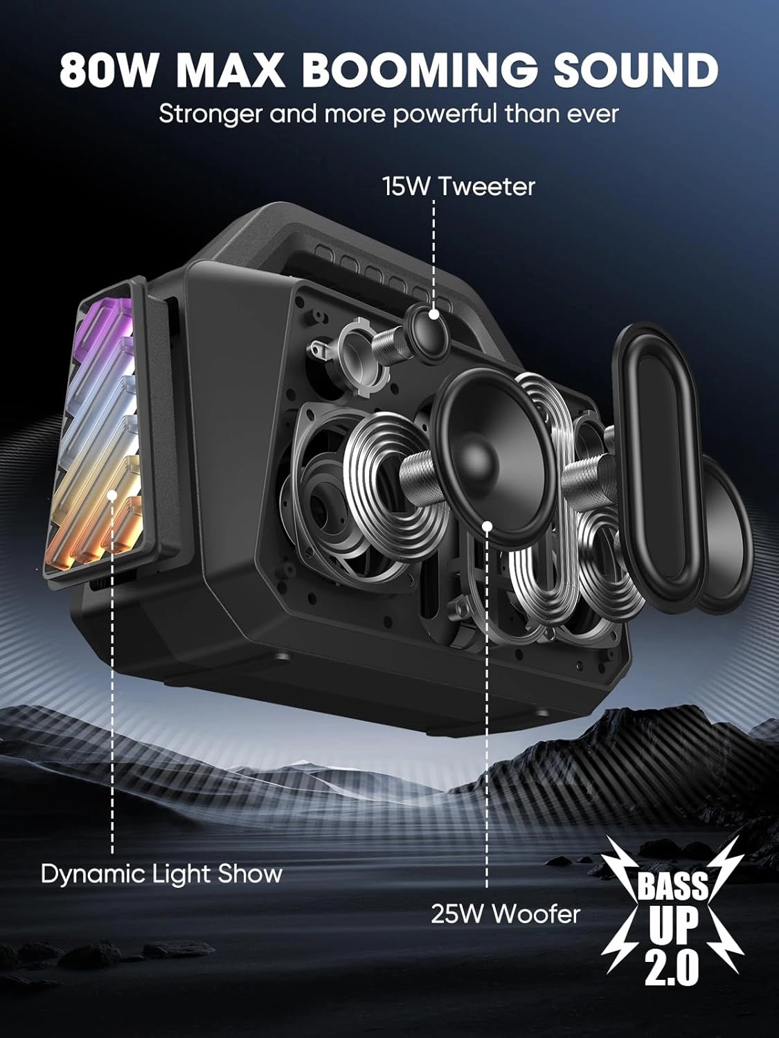 Bluetooth Speaker Wireless - Portable Loud Speakers 80W Peak, 20H Playtime, Light Show, TWS, Deep Bass, BT 5.3, IPX6 Waterproof for Outdoor Travel Camping Beach Pool - Black