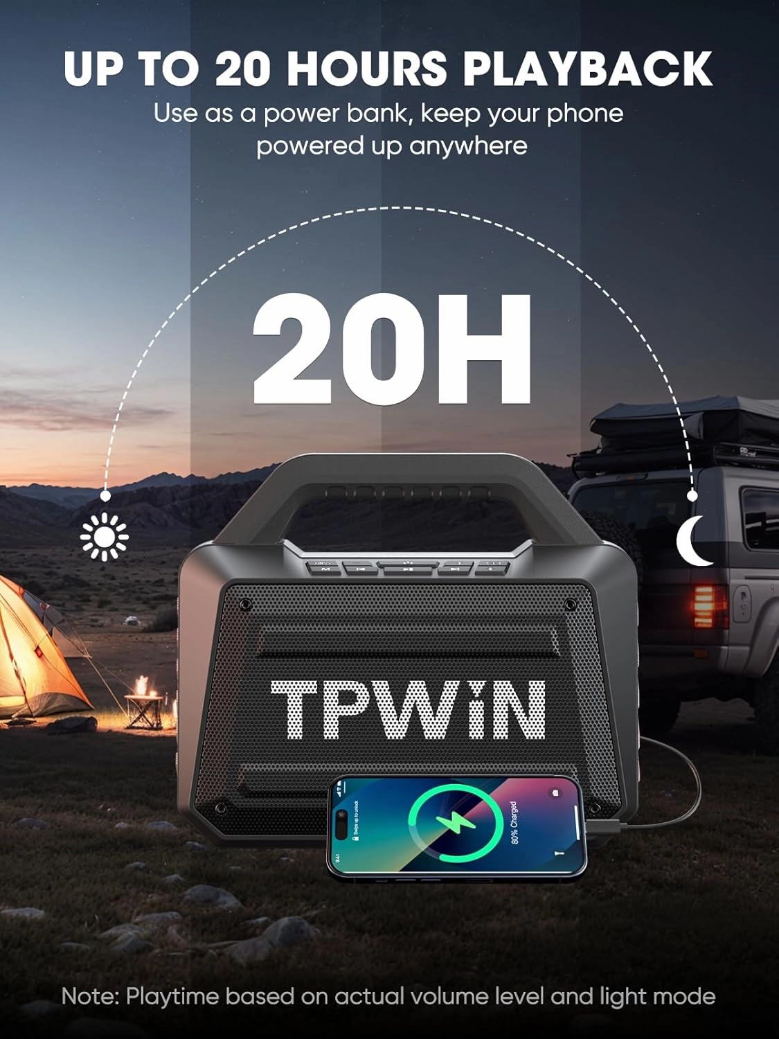 Bluetooth Speaker Wireless - Portable Loud Speakers 80W Peak, 20H Playtime, Light Show, TWS, Deep Bass, BT 5.3, IPX6 Waterproof for Outdoor Travel Camping Beach Pool - Black