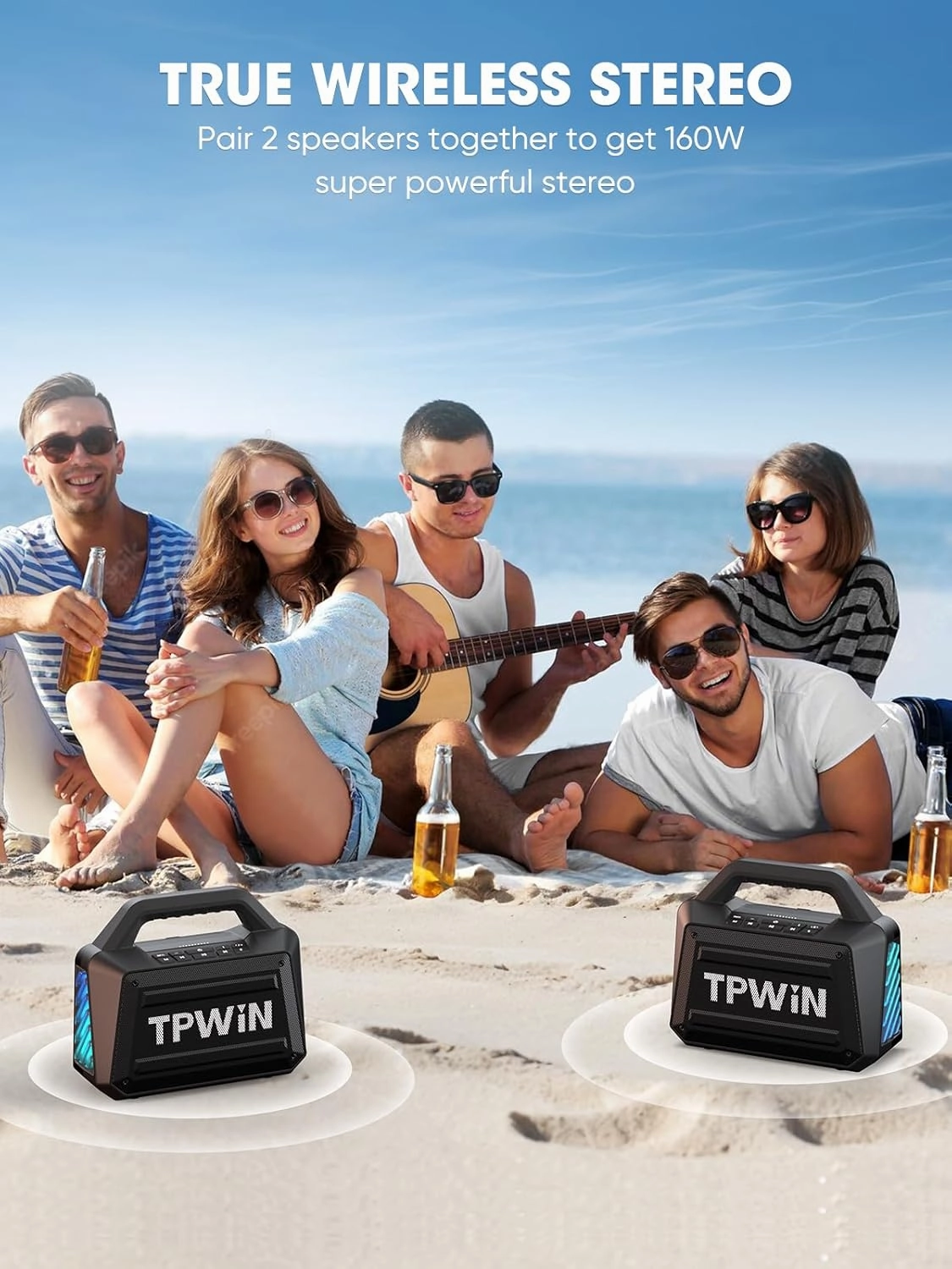 Bluetooth Speaker Wireless - Portable Loud Speakers 80W Peak, 20H Playtime, Light Show, TWS, Deep Bass, BT 5.3, IPX6 Waterproof for Outdoor Travel Camping Beach Pool - Black