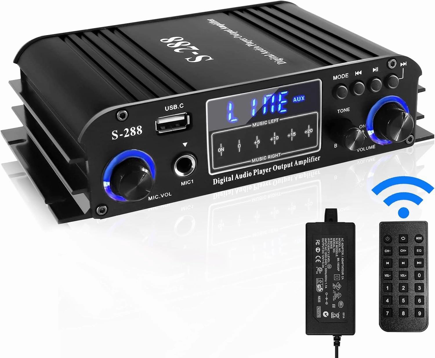Bluetooth Stereo Amplifier 4 Channel 50Wx4 HiFi Power Amp with Power Adapter, Remote Control and USB/SD/FM Inputs Class D Home Audio Receiver for Home Car DIY Passive Speakers Theater Karaoke power amplifier,stereo amp,hi-fi power amp,