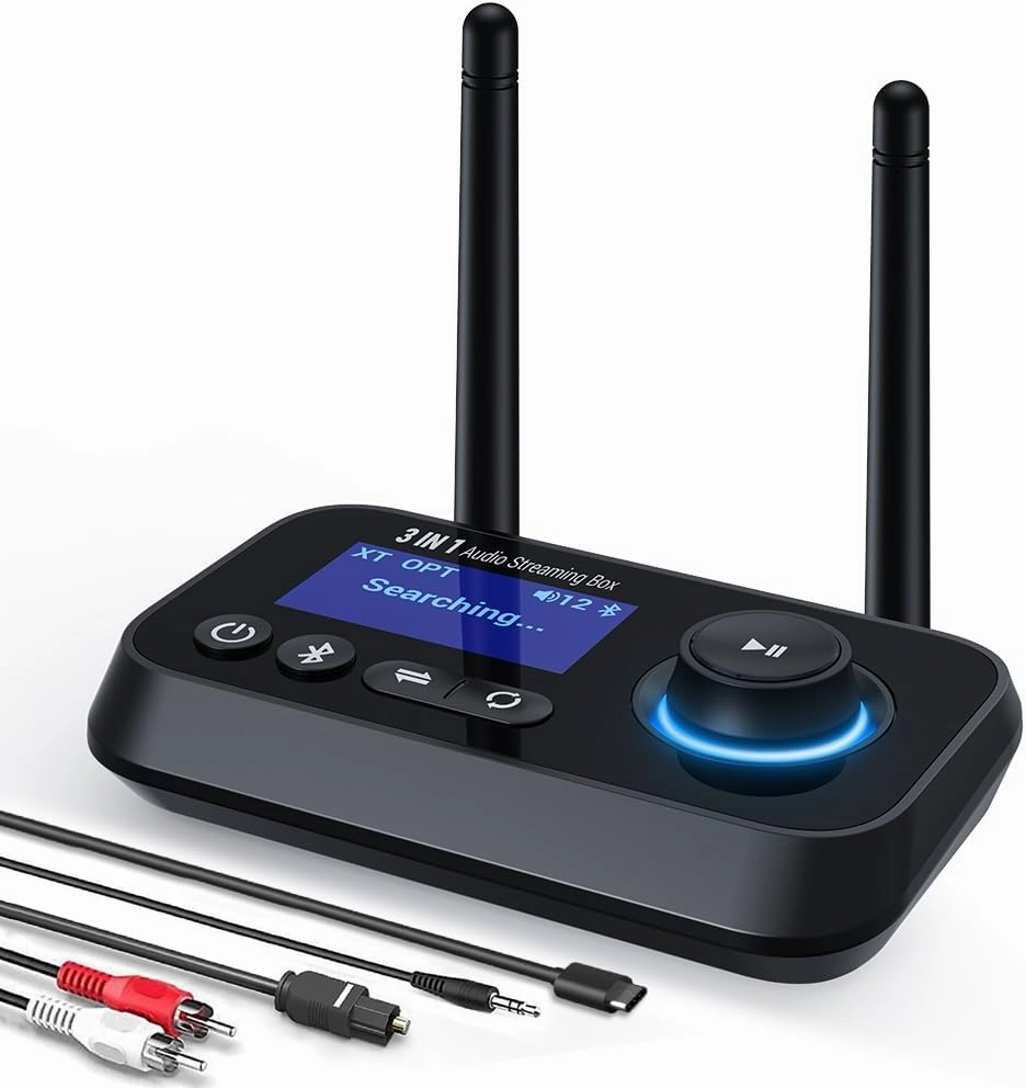 Bluetooth Transmitter Receiver 3-in-1 Bluetooth 5.3 Audio Adapter for 2 Headphones with Dual Antenna Bypass Volume Control LCD Display 3.5mm Aux/Optical/RCA for Home Stereo TV Speaker PC wireless audio bridge,Bluetooth transmitter,WiFi audio link,