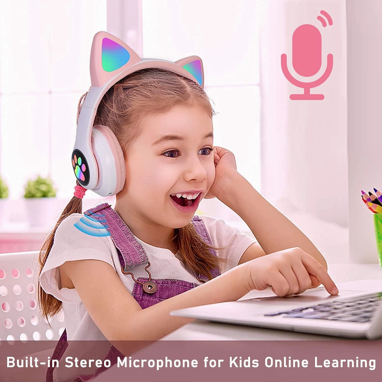 Bluetooth Wireless Headphones for Kids Teens Adults, Over-Ear Bluetooth Headphones with Microphone, Cat Ear Headphones for Girls Women (Pink)
