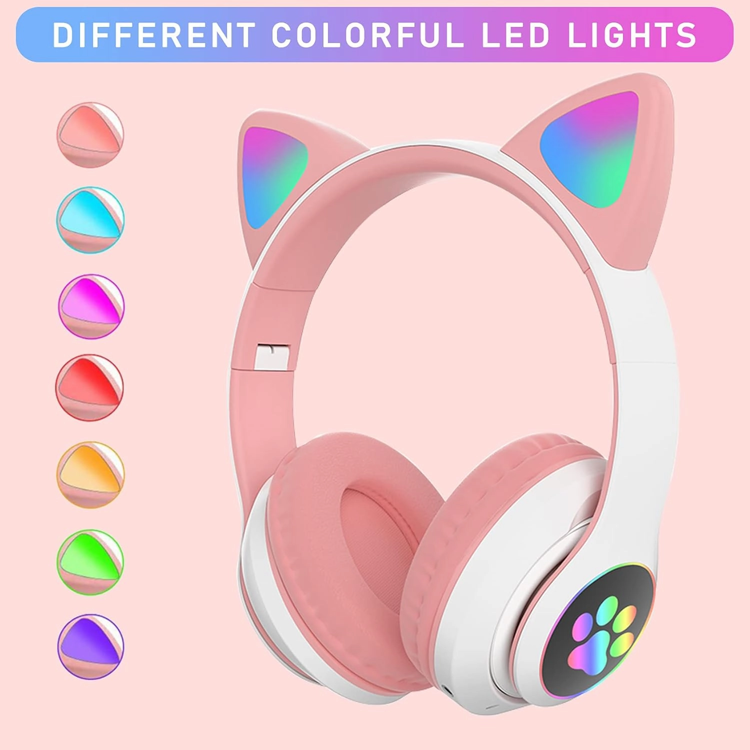 Bluetooth Wireless Headphones for Kids Teens Adults, Over-Ear Bluetooth Headphones with Microphone, Cat Ear Headphones for Girls Women (Pink)