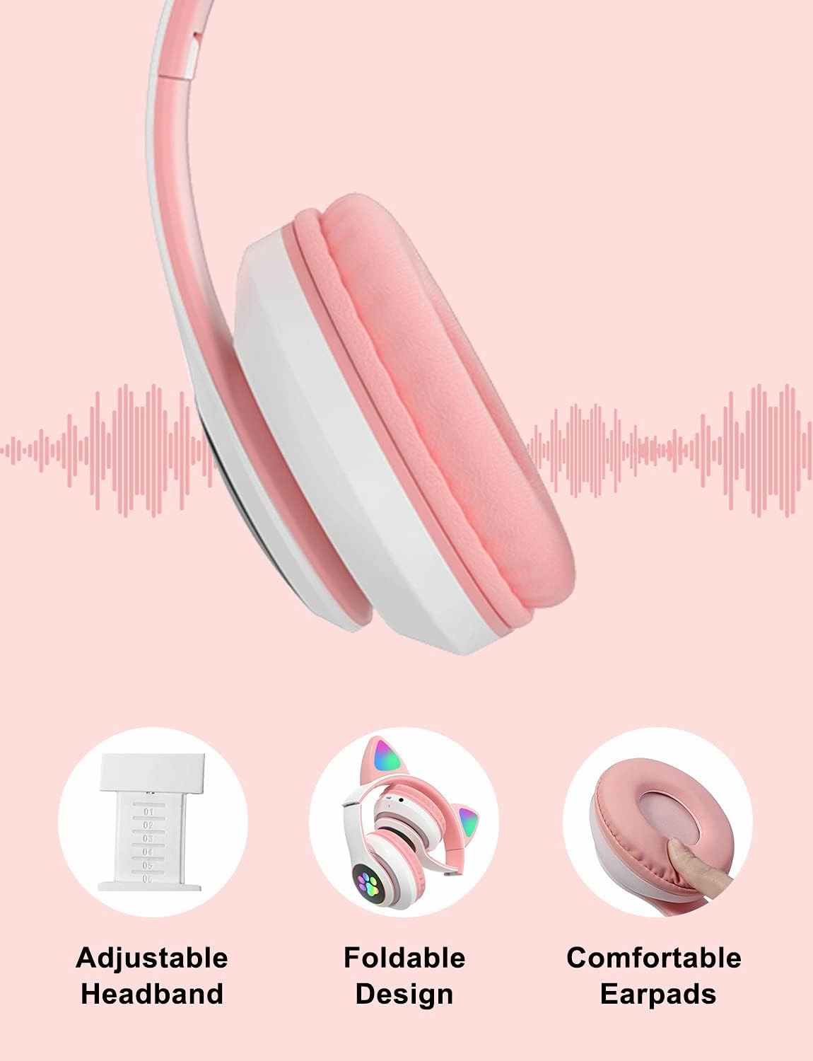 Bluetooth Wireless Headphones for Kids Teens Adults, Over-Ear Bluetooth Headphones with Microphone, Cat Ear Headphones for Girls Women (Pink)