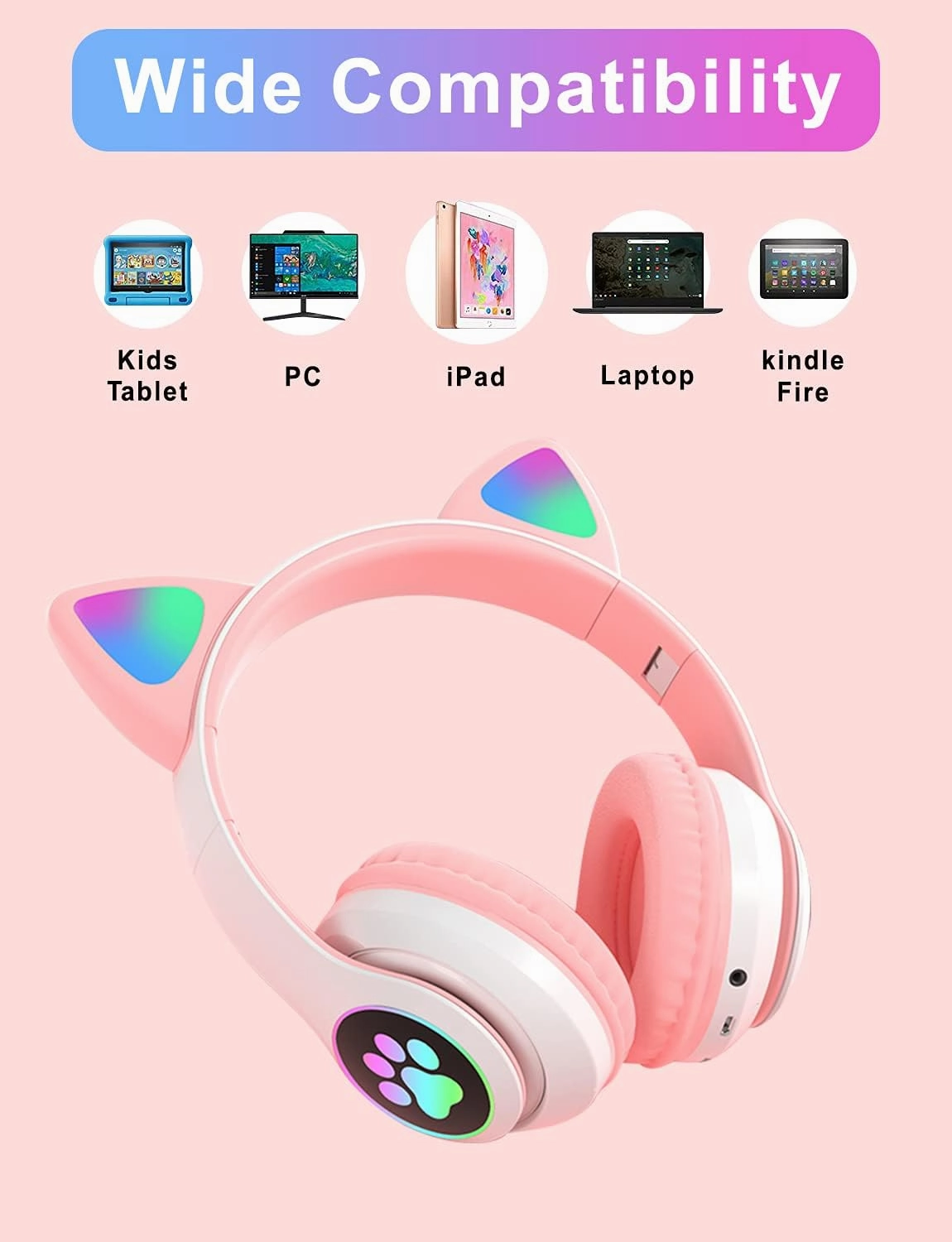 Bluetooth Wireless Headphones for Kids Teens Adults, Over-Ear Bluetooth Headphones with Microphone, Cat Ear Headphones for Girls Women (Pink)