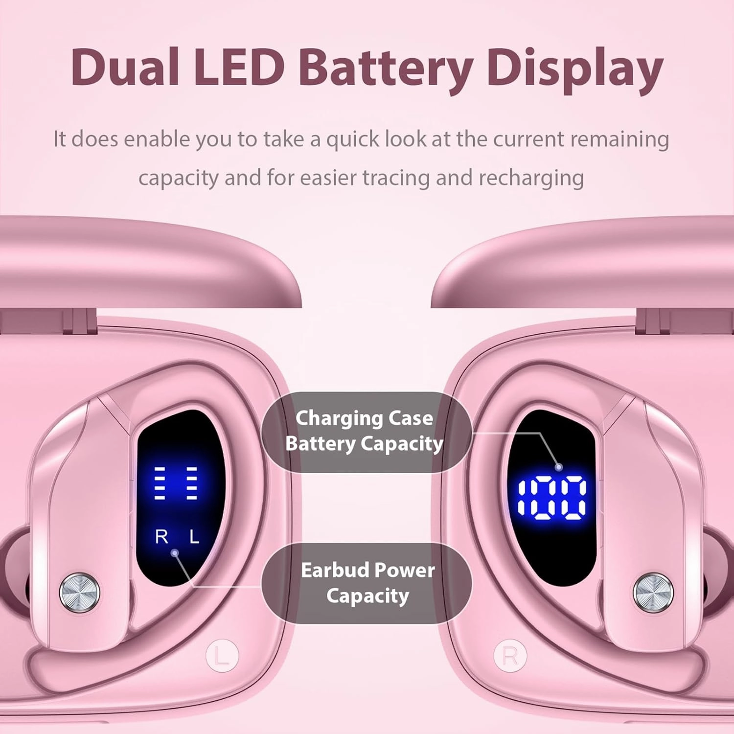bmanl Wireless Earbuds Bluetooth Headphones 48hrs Play Back Sport Earphones with LED Display Over-Ear Buds with Earhooks Built-in Mic Headset for Workout Pink