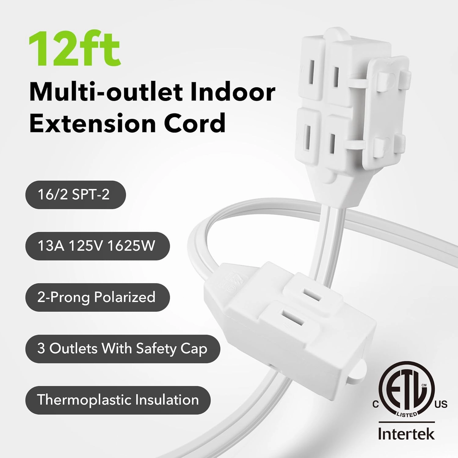 BN-LINK 2 Pack 12ft Indoor Extension Cord, 3 Outlet, 16/2 SPT-2, White, 2-Prong Polarized Plug, Household Power Cord for Home, Office & Holiday Decorations