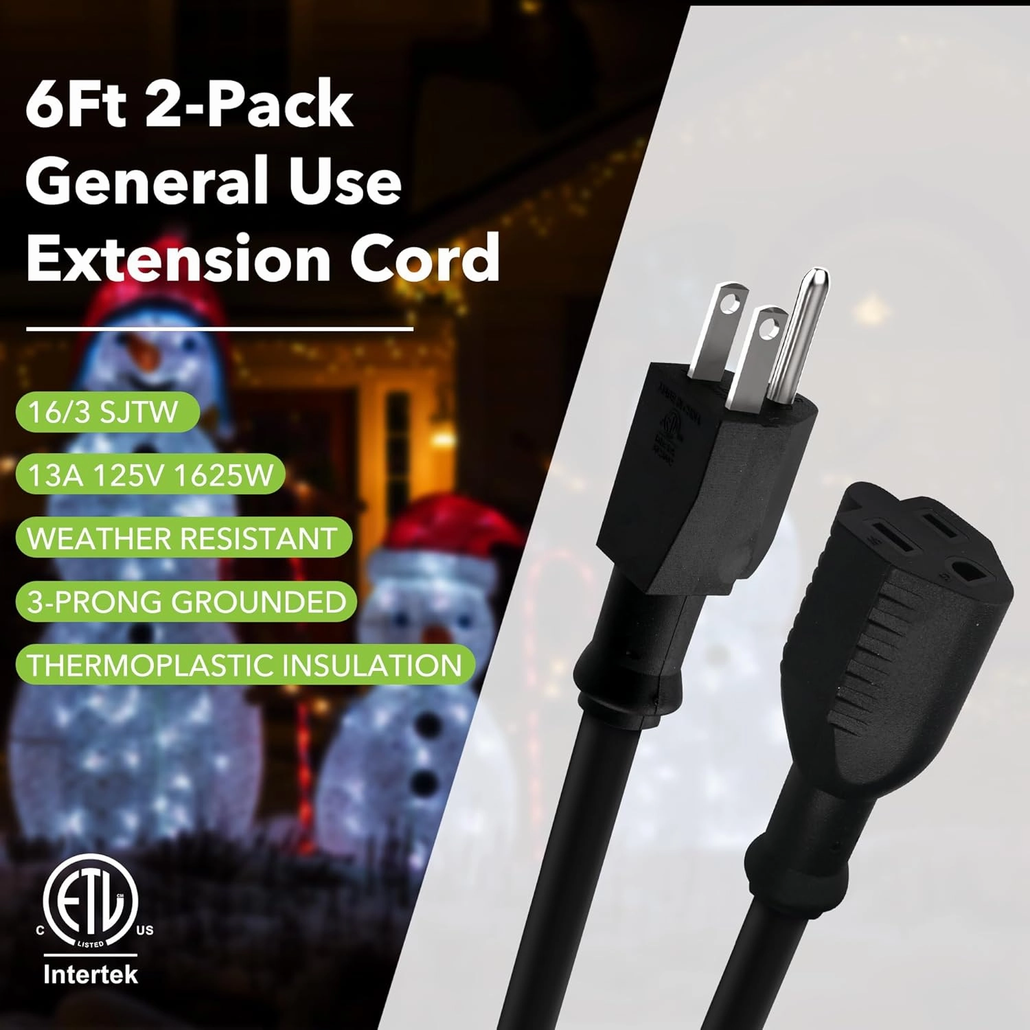 BN-LINK 6ft Indoor Outdoor Extension Cord 16/3 SJTW, 2 Pack, Black, 3-Prong, Weather Resistant & Flame Retardant, for Indoor, Garden, Landscaping & Holiday Decorations, ETL