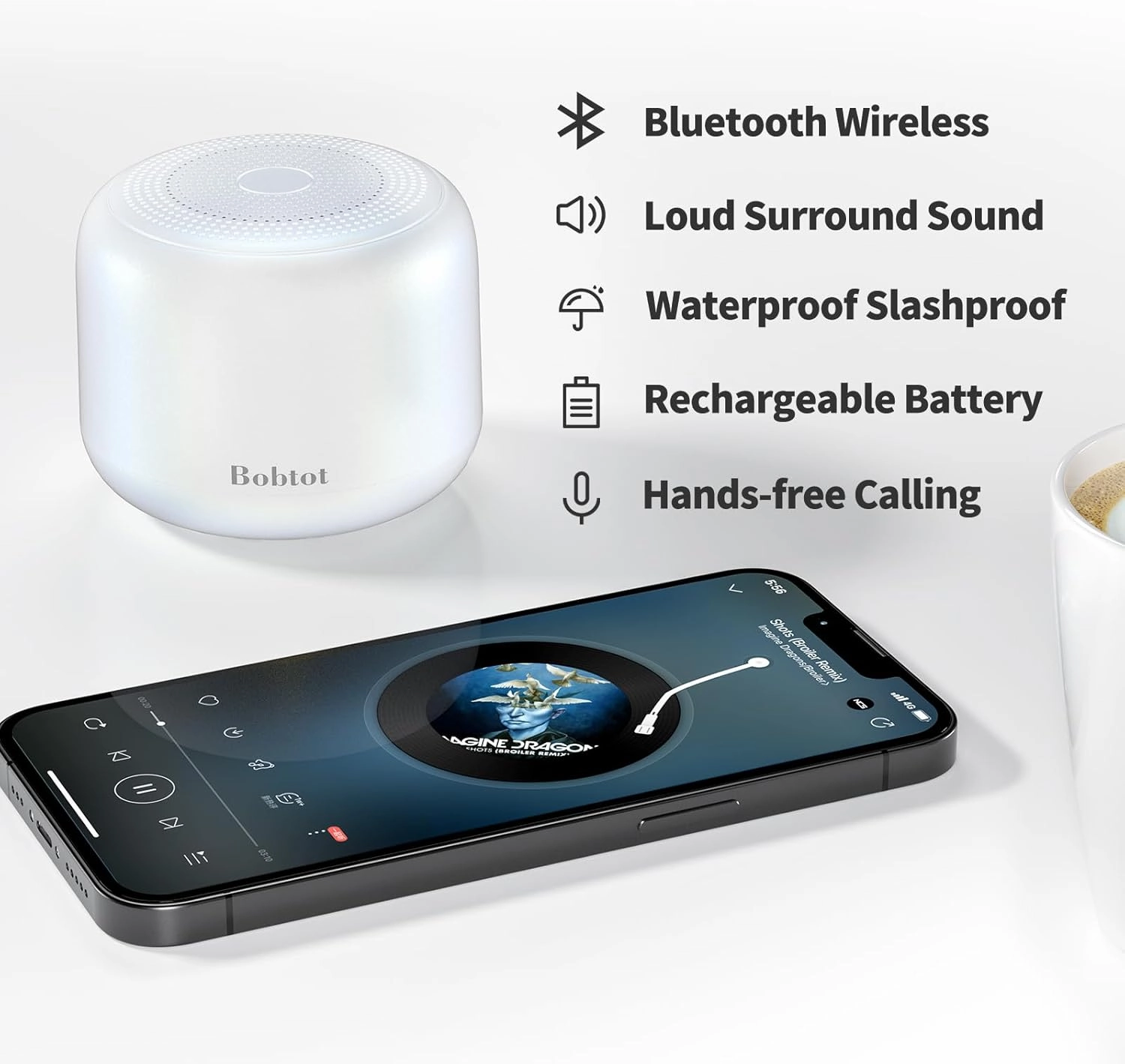 Bobtot Portable Bluetooth Speakers with Strap Easy to Carry, Wireless IPX5 Waterproof Mini Speaker with Loud Stereo Sound, 20 Hours Playtime, Rechargeable Battery, Built-in Microphone, White