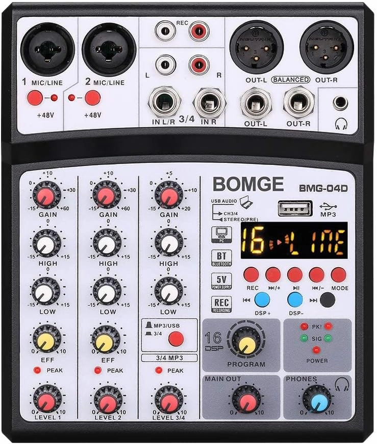 BOMGE 04D portable bluetooth 4 Channel DJ audio sound mixer mixing console with usb interface, 48V Phantom Power input, 16 Echo effects for recording, live streaming, singing (Black) mixer console,audio mixing desk,DJ console,