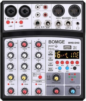 BOMGE 04D portable bluetooth 4 Channel DJ audio sound mixer mixing console with usb interface, 48V Phantom Power input, 16 Echo effects for recording, live streaming, singing (Black) mixer console,audio mixing desk,DJ console,