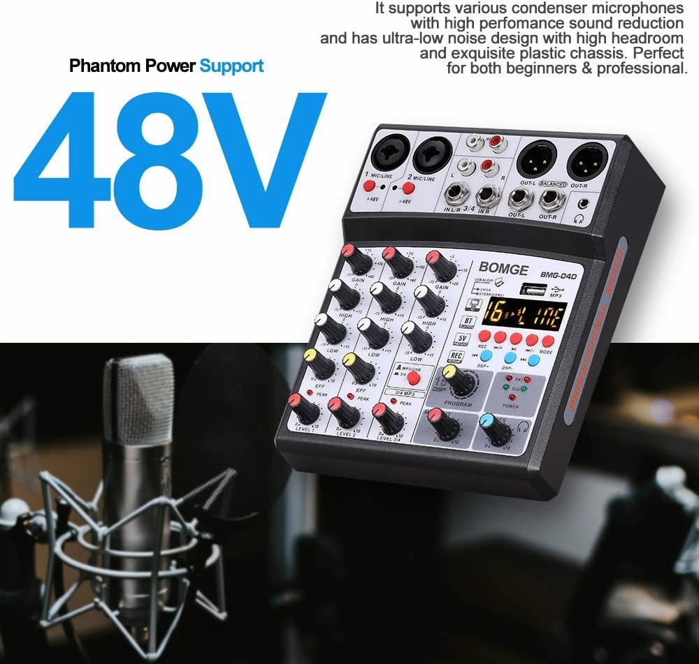 BOMGE 04D portable bluetooth 4 Channel DJ audio sound mixer mixing console with usb interface, 48V Phantom Power input, 16 Echo effects for recording, live streaming, singing (Black)