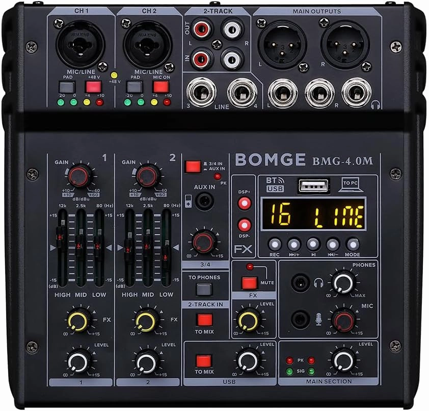 BOMGE 04M Audio Mixer, Sound Board Mixing Console with 4 Channel Digital USB Bluetooth 24 Sound Effect, Input 48V Phantom Power Stereo DJ Mixers for Recording, Live Streaming, Podcasting,Gaming mixer console,audio mixing desk,DJ console,