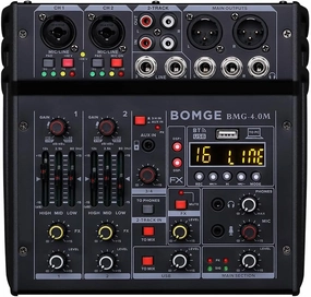 BOMGE 04M Audio Mixer, Sound Board Mixing Console with 4 Channel Digital USB Bluetooth 24 Sound Effect, Input 48V Phantom Power Stereo DJ Mixers for Recording, Live Streaming, Podcasting,Gaming mixer console,audio mixing desk,DJ console,