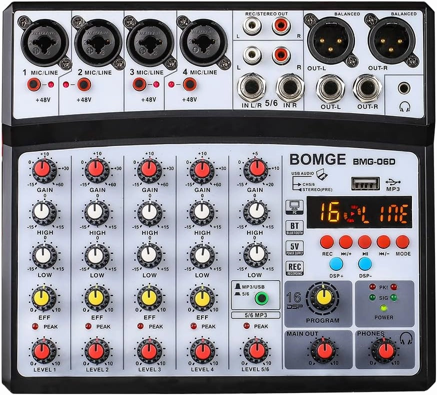 BOMGE 6 Channel Audio Sound Mixer - Professional Digital DJ Mixing Console for Live Streaming, Karaoke and Stereo Recording - With PC Computer Record Playback/Bluetooth/MP3/USB/48V /16 DSP Echo mixer console,audio mixing desk,DJ console,