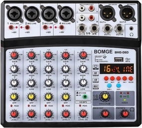 BOMGE 6 Channel Audio Sound Mixer - Professional Digital DJ Mixing Console for Live Streaming, Karaoke and Stereo Recording - With PC Computer Record Playback/Bluetooth/MP3/USB/48V /16 DSP Echo mixer console,audio mixing desk,DJ console,