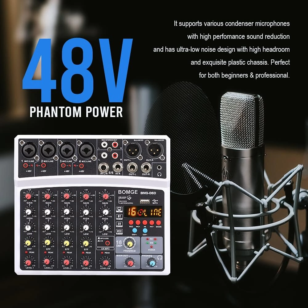 BOMGE 6 Channel Audio Sound Mixer - Professional Digital DJ Mixing Console for Live Streaming, Karaoke and Stereo Recording - With PC Computer Record Playback/Bluetooth/MP3/USB/48V /16 DSP Echo