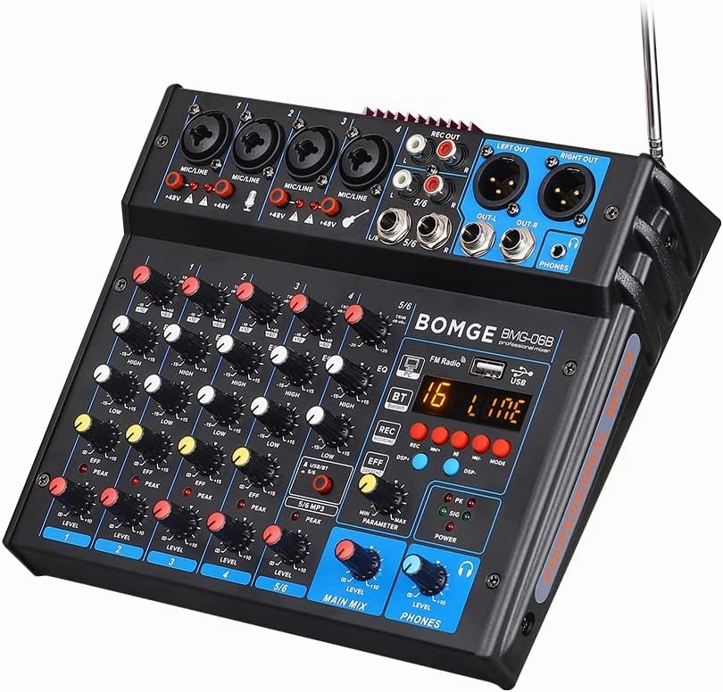 BOMGE 6 Channel dj powered audio sound mixer amplifier,100 W Stereo Speaker Home Audio Receiver effects, 48V phantom Power, USB, Bluetooth for home theater system, Karaoke, Streaming mixer console,audio mixing desk,DJ console,