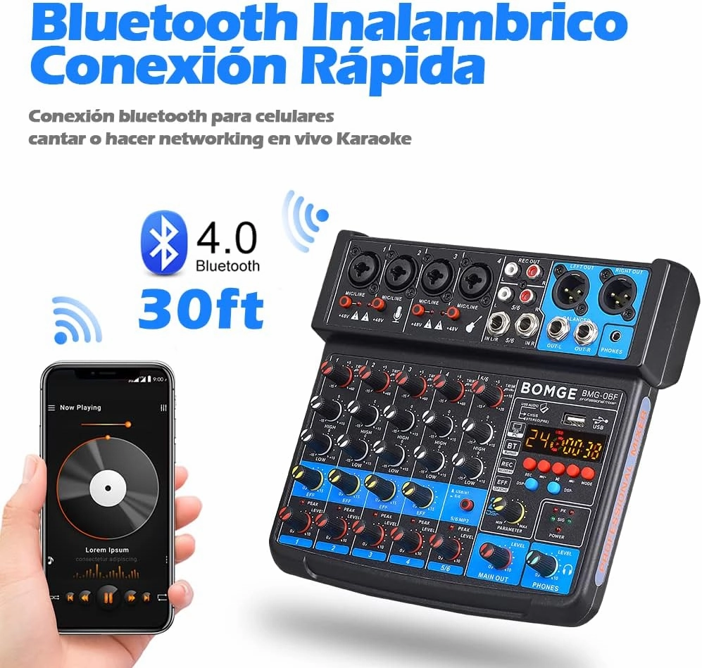 BOMGE 6 Channel mini DJ Audio sound mixer console with USB interface, Bluetooth, Stereo Recording, 48V Phantom Power, 24 DSP effects for karaoke, singing, livestreamingpc recroding. (black)