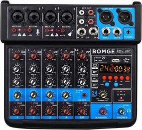BOMGE 6 Channel mini DJ Audio sound mixer console with USB interface, Bluetooth, Stereo Recording, 48V Phantom Power, 24 DSP effects for karaoke, singing, livestreamingpc recroding. (black) mixer console,audio mixing desk,DJ console,
